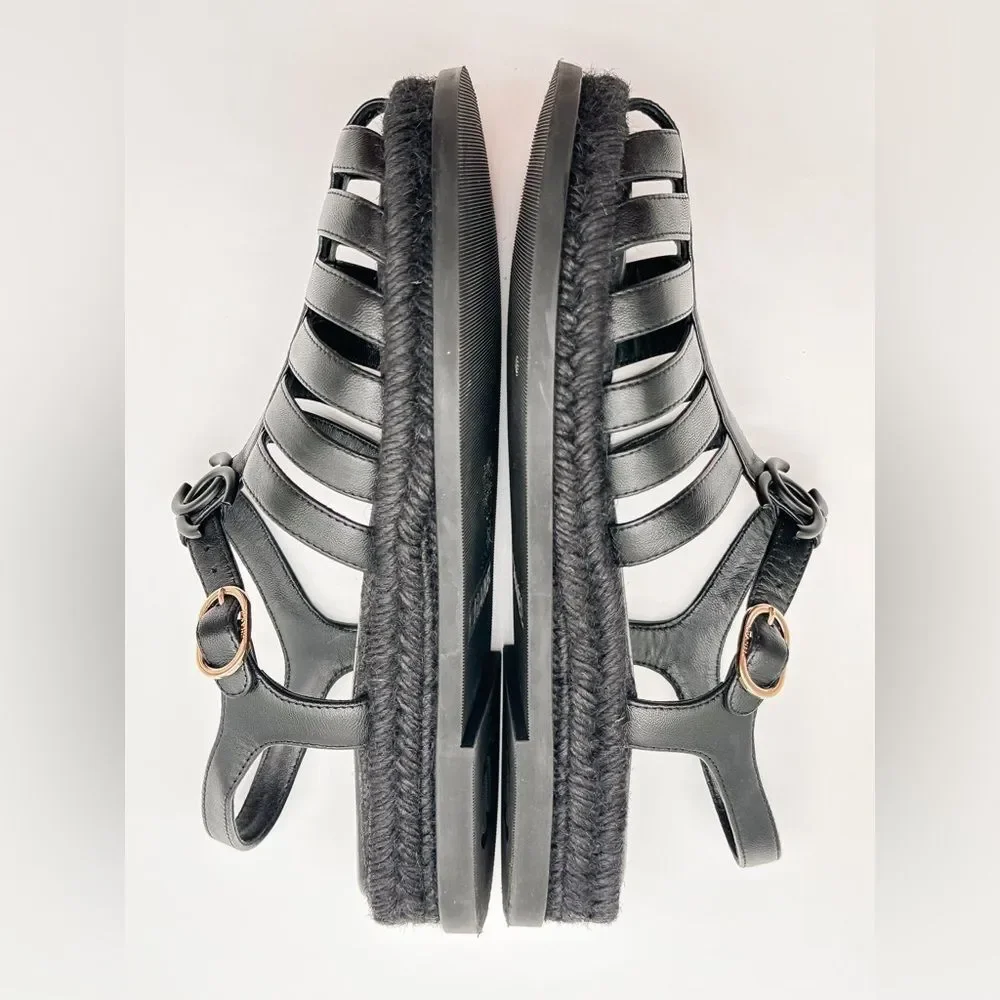 CHANEL 2024 CC Logo Black Leather Fisherman Rope Sole Dad Sandals Flats EU 37